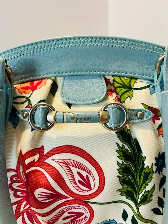 Authentic Christian Dior Floral Canvas Boston Bag Blue Leather Trim w/ Dust Bag - Picture 4 of 15